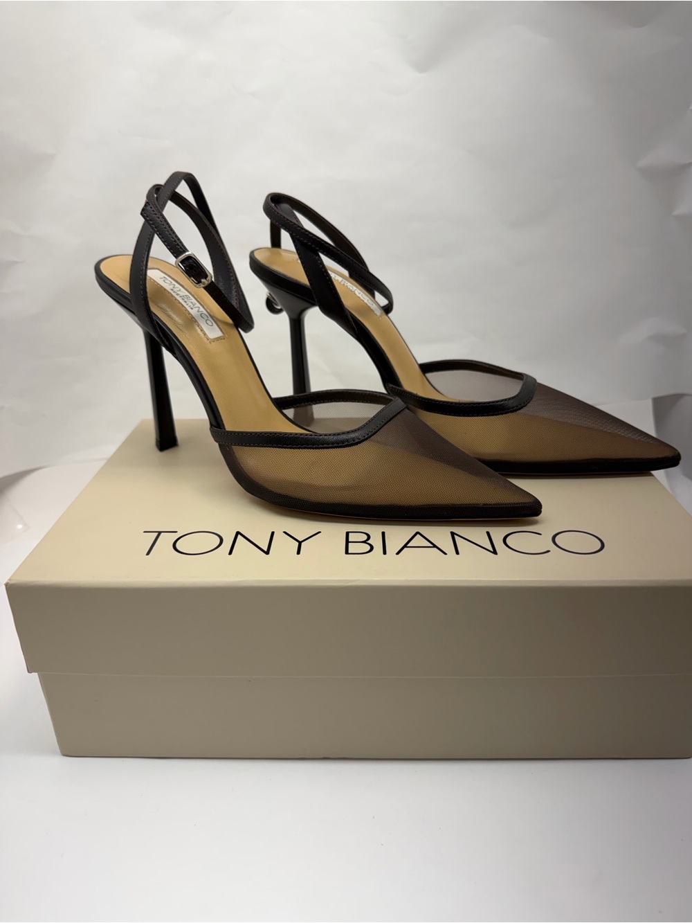Tony Bianco Georgie Pump in Choc high heel sling back pointed toe mesh - Picture 2 of 7